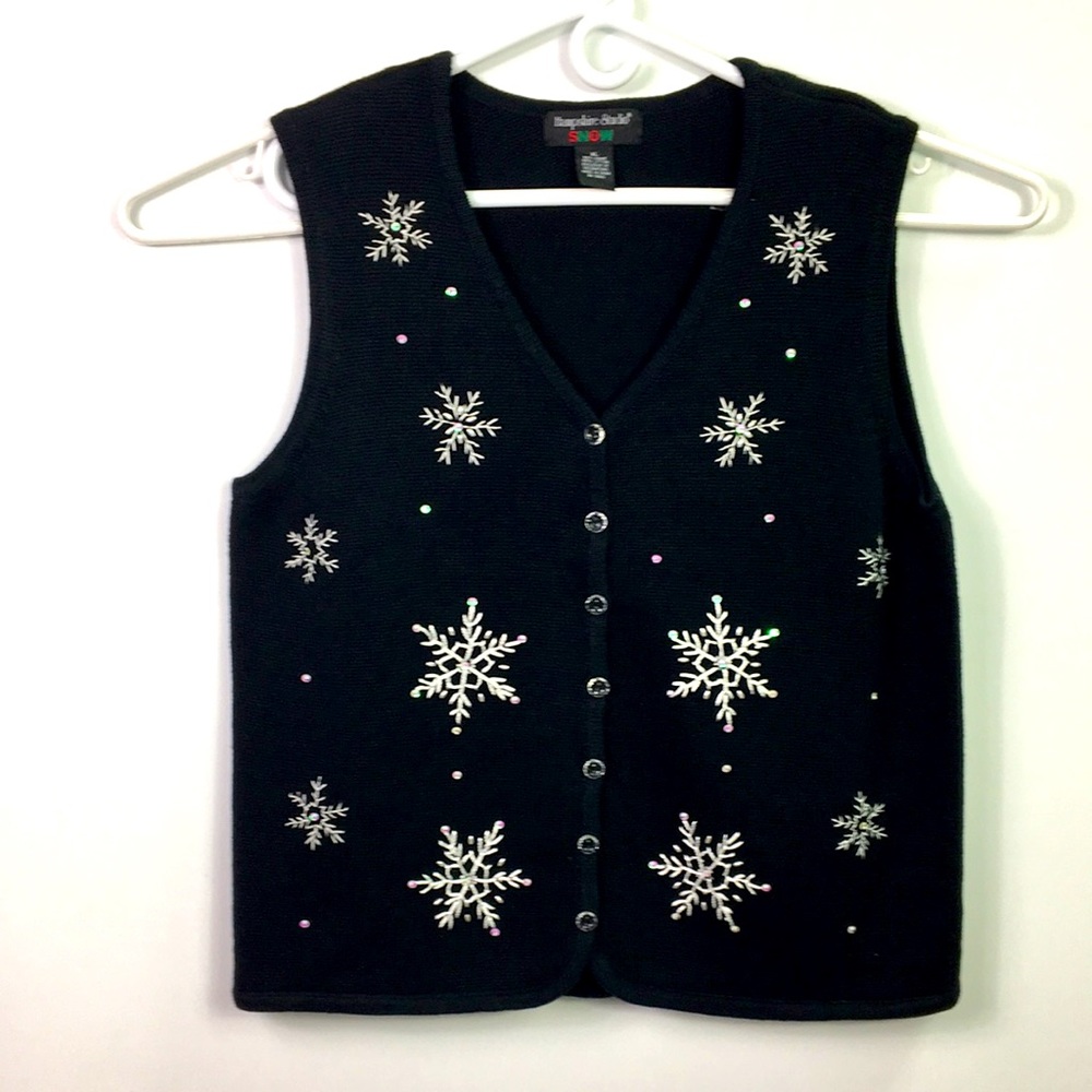 Hampshire Studio Vest Black white embroidered Beaded Clear Buttons Size XL